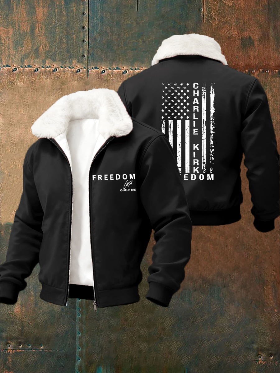 Men's Freedom 1776-2026Flag Printed Fur Collar Zip-Up Jacket