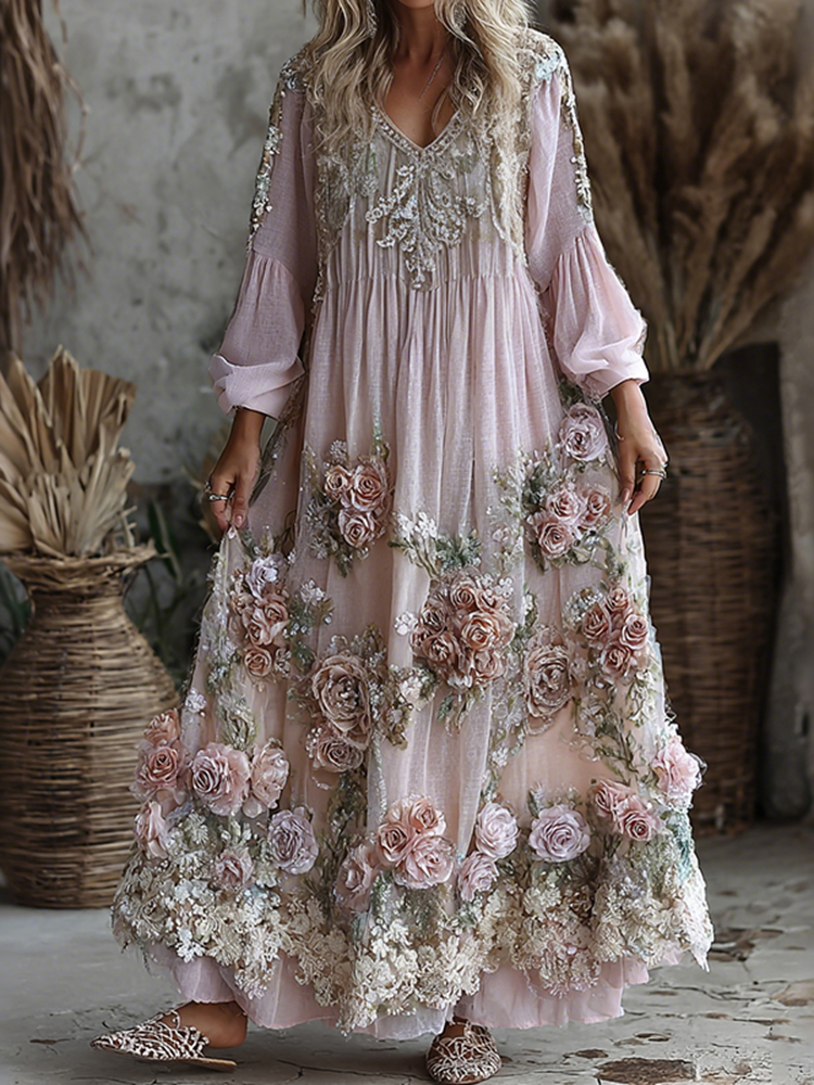 Women's Retro Floral Art Flowy Linen Blend Casual Long Sleeve Maxi Dress