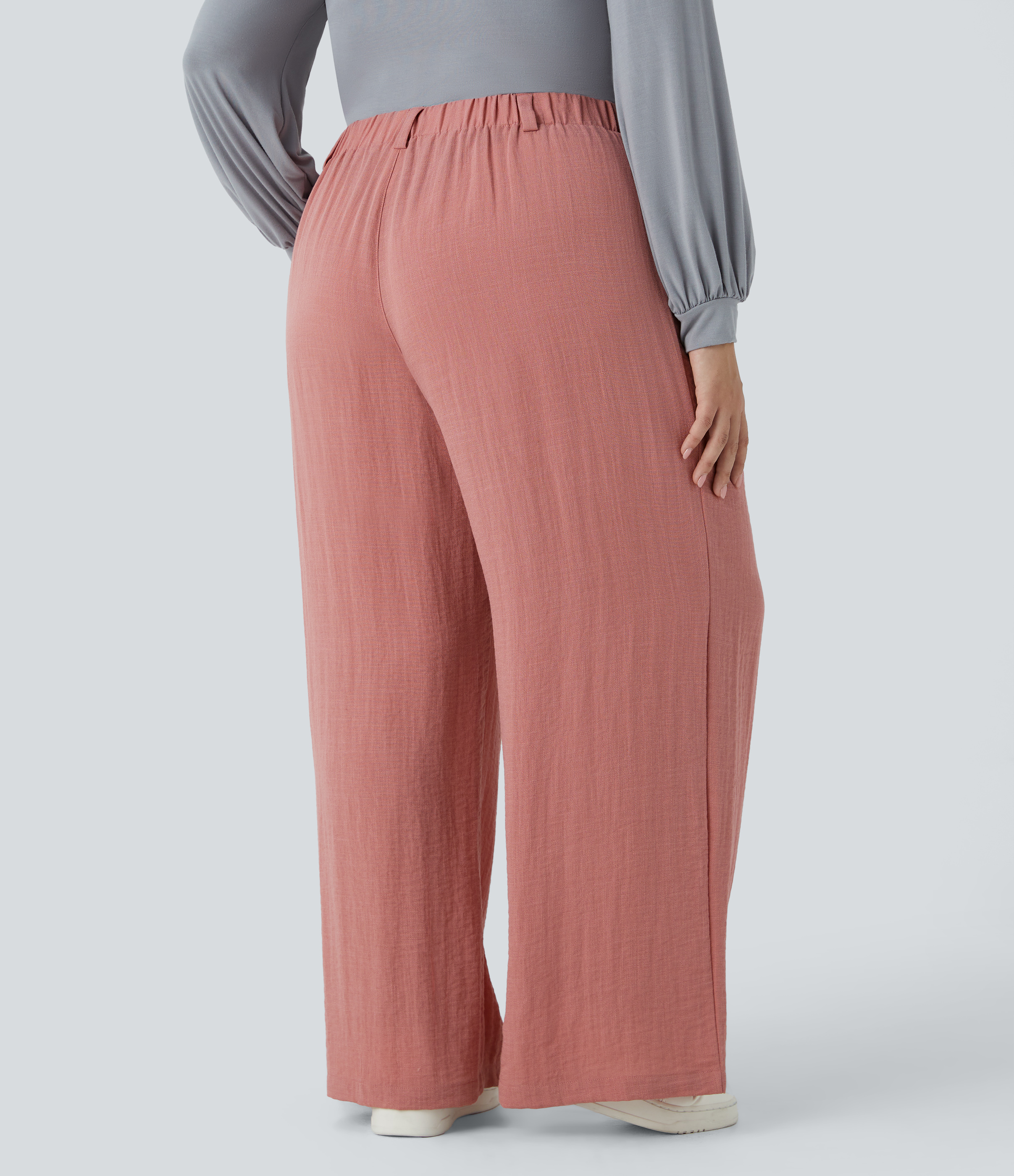 High Waisted Pocket Wide Leg Flowy Casual Linen-Feel Plus Size Pants