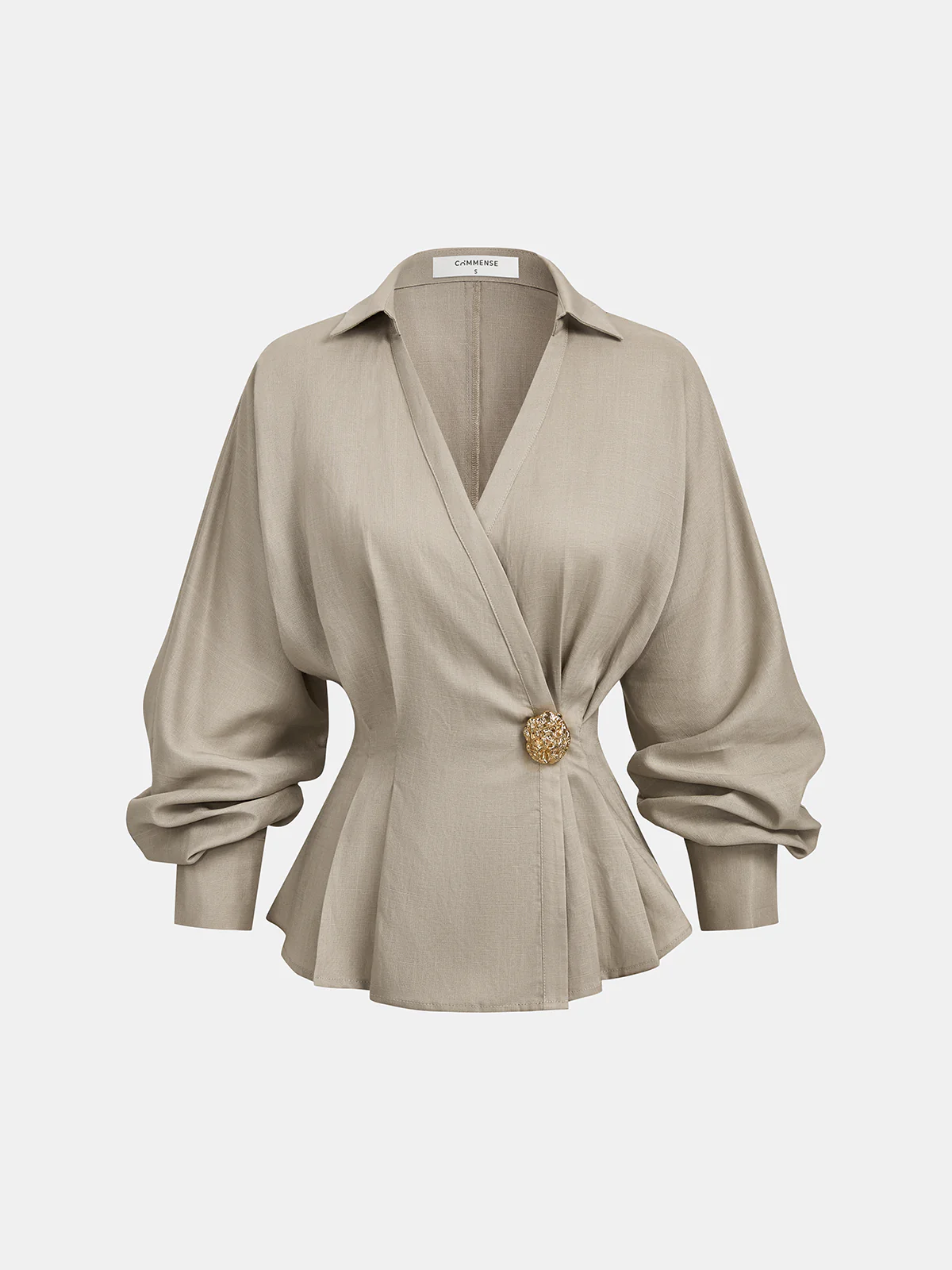 Linen Blend Balloon Sleeve Wrap Blouse