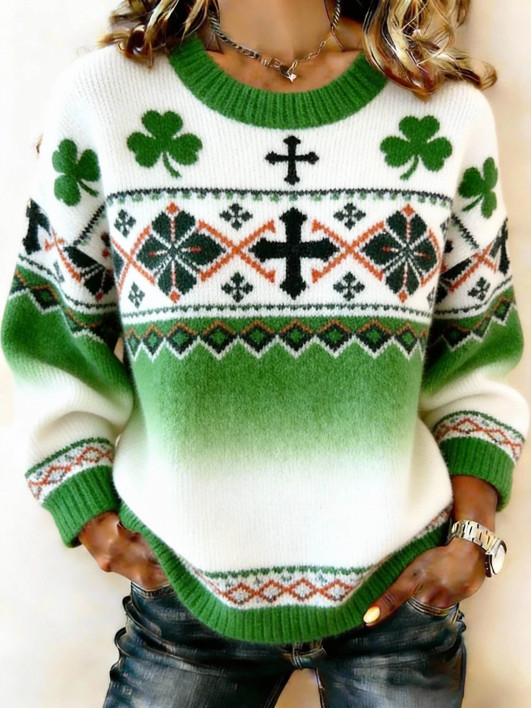 Women's St. Patrick's Day Clover Cross Print Crew Neck Sweater-Fast Shipping