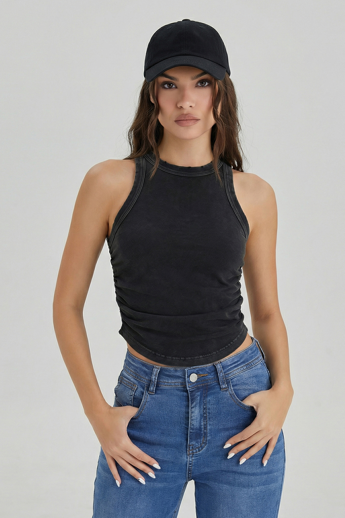 KatchMe Soft Vintage Washed Solid Color Sleeveless Side Pleated Tank Top