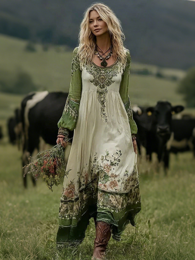 Women's Vintage Floral Pattern Art Comfy Linen V-neck Dress