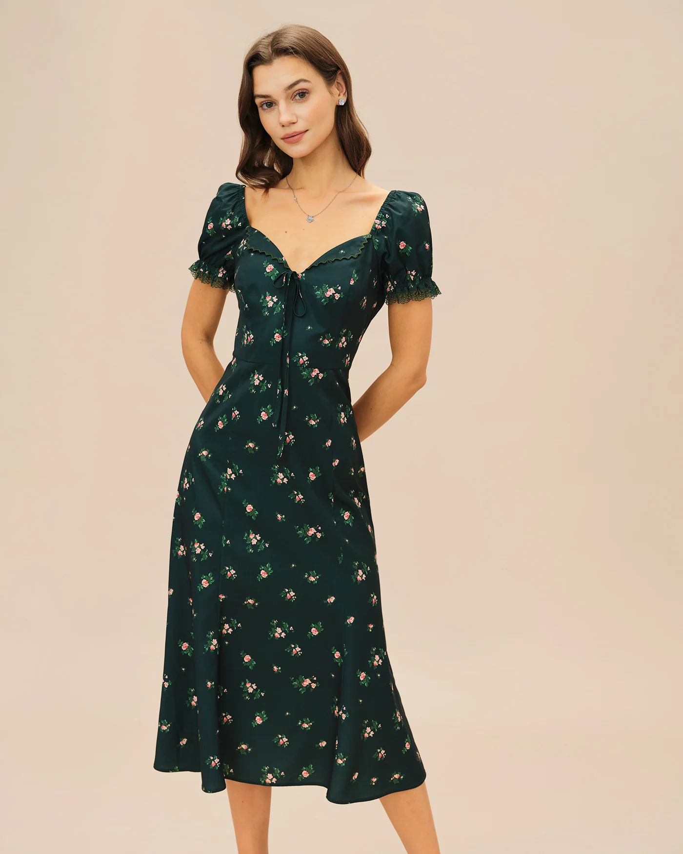 Green Puffed Sleeve Floral Midi Dress