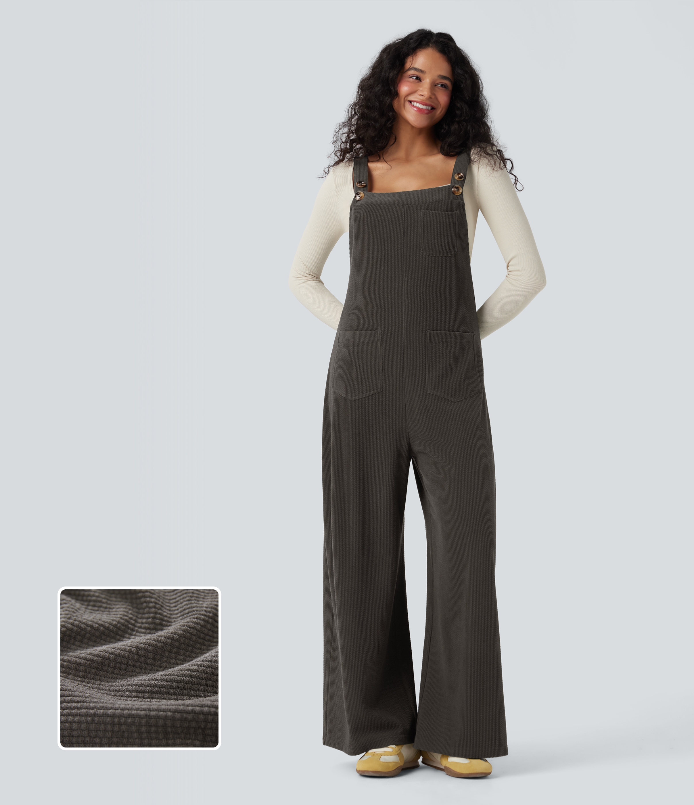 Square Neck Corduroy Casual Overalls with Pockets