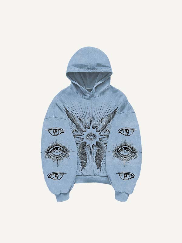 Wing&Eye Print Slant Pockets Hoodie