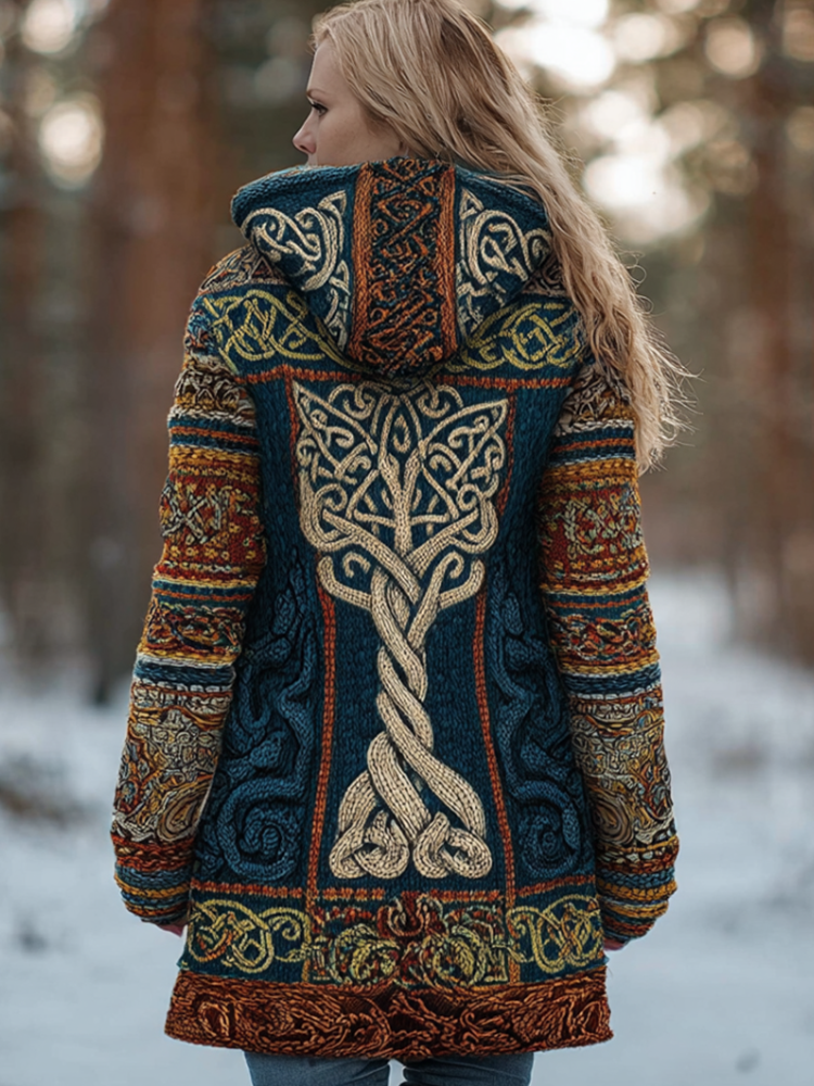 Women's Retro Viking Style Hooded Knit Sweater Jacket