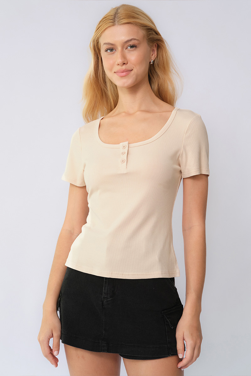 Basic Solid Color Button Square Neck Slim Short Sleeve Top