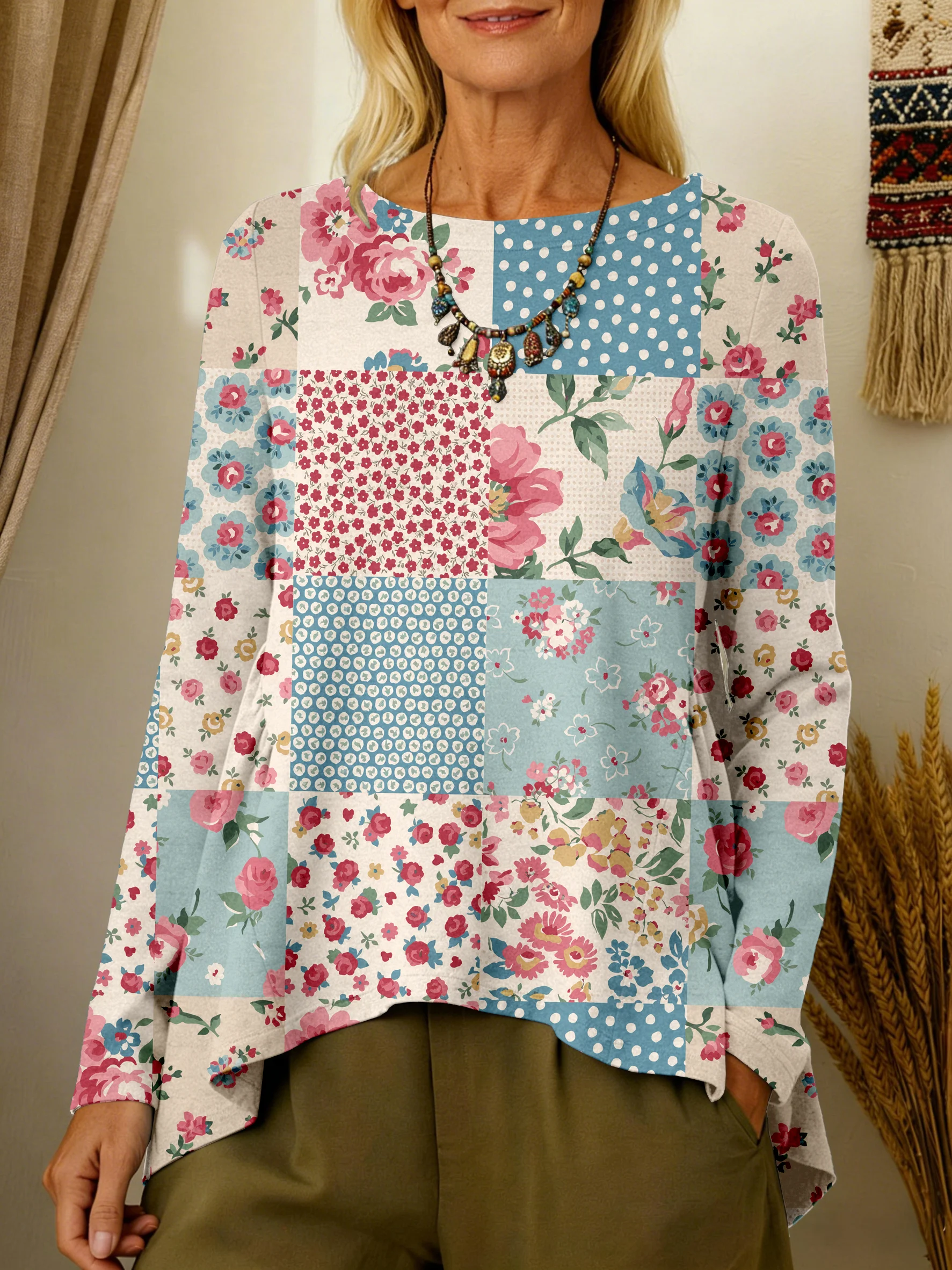 Women's Vintage Floral Art Print Casual Long-sleeved T-shirt-Fast Shipping