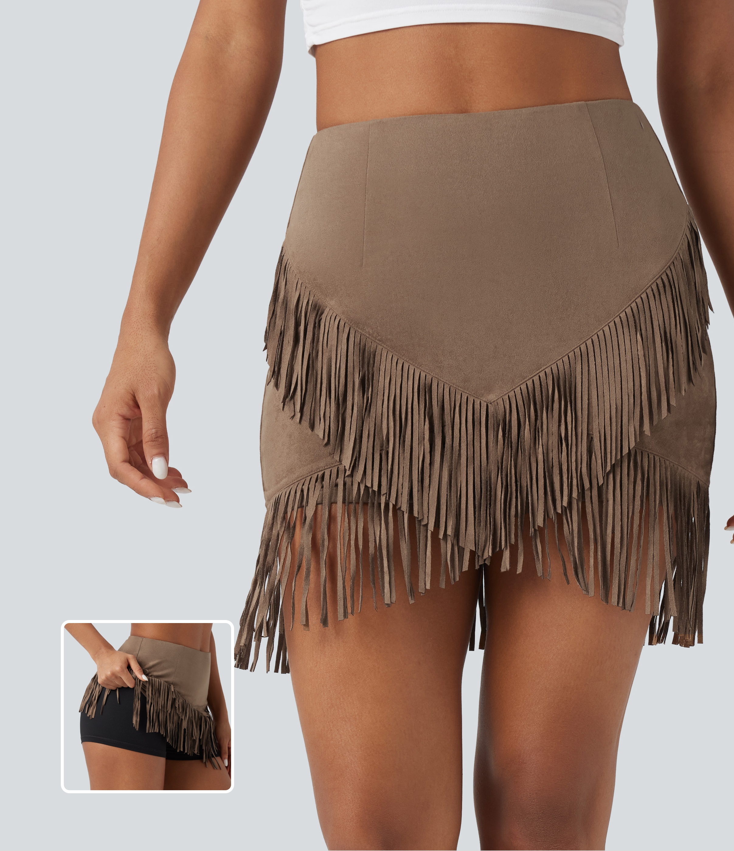 High Waisted 2-in-1 Fringe Hem Bodycon Mini Suede Casual Skirt