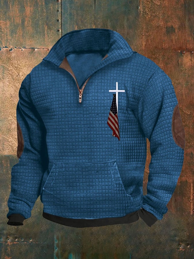 Men's Casual Zip Neck Waffle Faith Print Sweatshirt