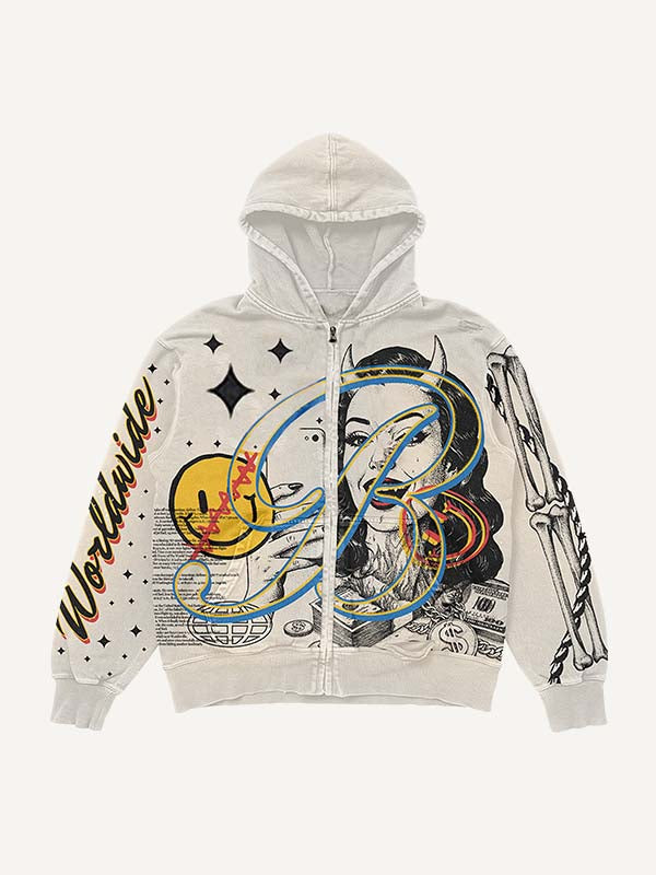 Smiley Face&Demon&Graphic&Letter Print Zip Up Hooded Coat