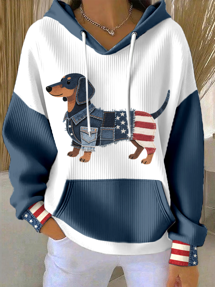 Women's Flag Inspired Dachshund Denim Patchwork Pattern Hoodie