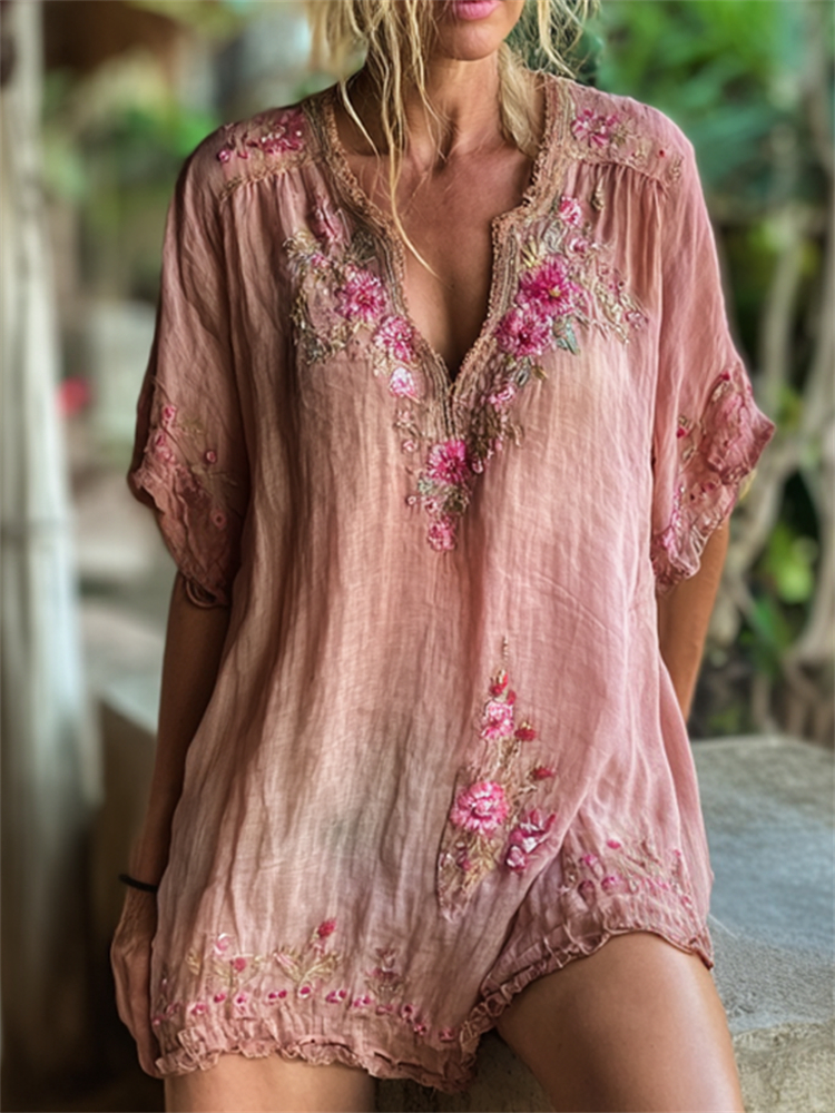 Vintage Floral Embroidered Dyed Flowy Linen Tunic