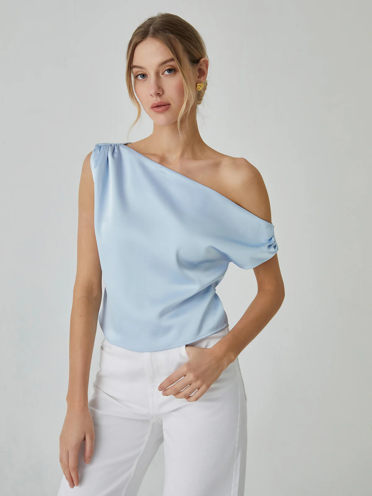 One Shoulder Off Knotted Blouse