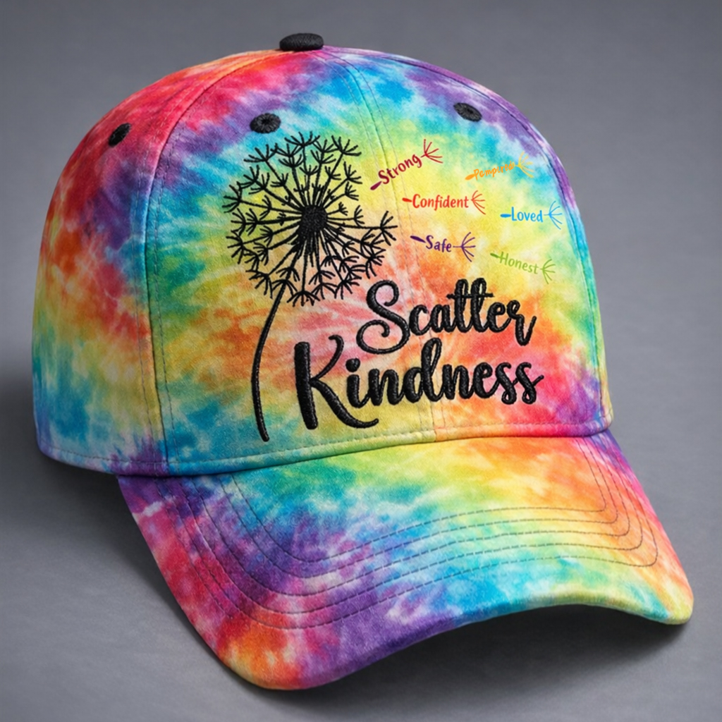 Vintage Tie-Dye Scatter Kindness Baseball Cap – Inspirational 3D Embroidered Rainbow Hat