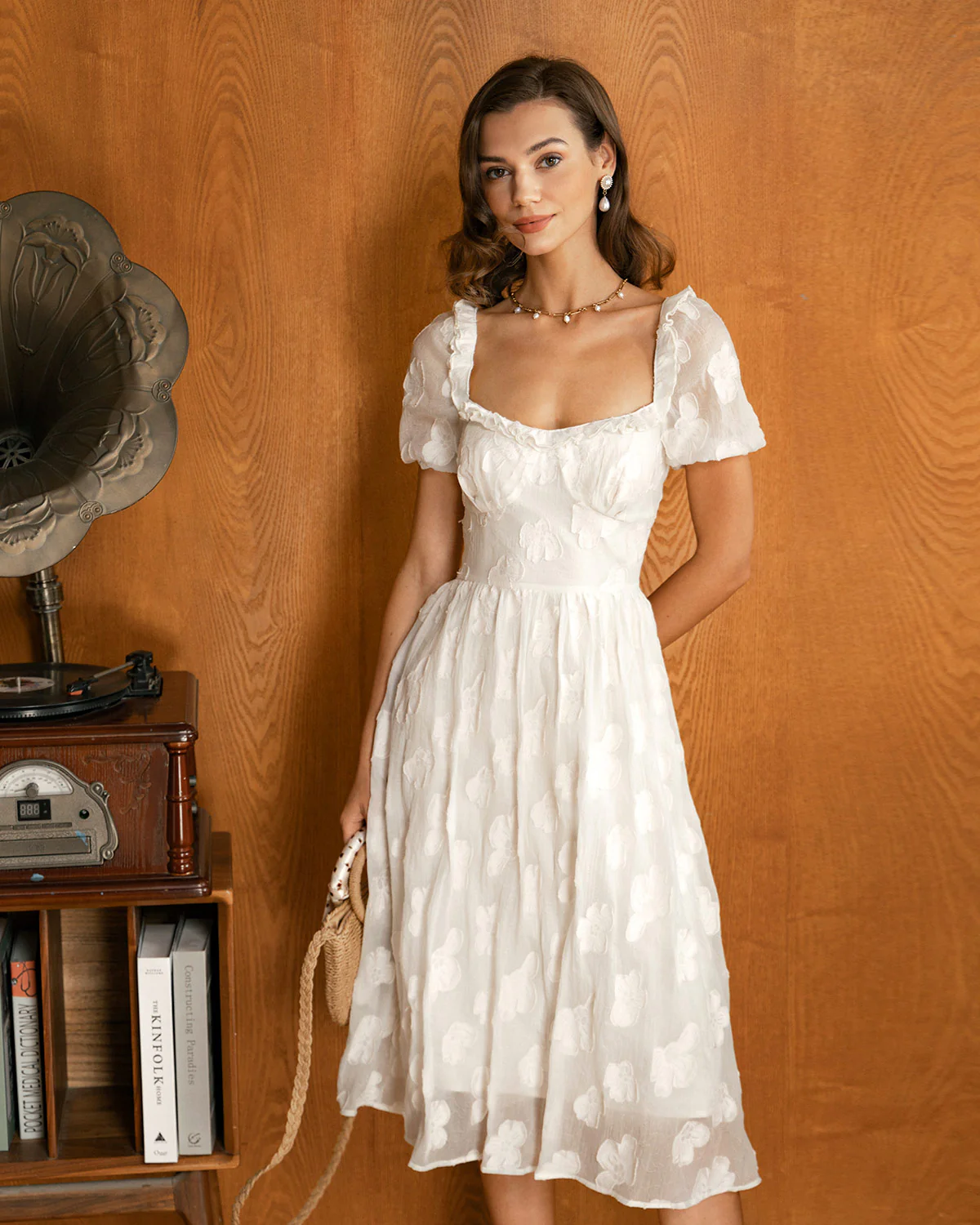 Beige Square Neck Puffed Sleeve Midi Dress