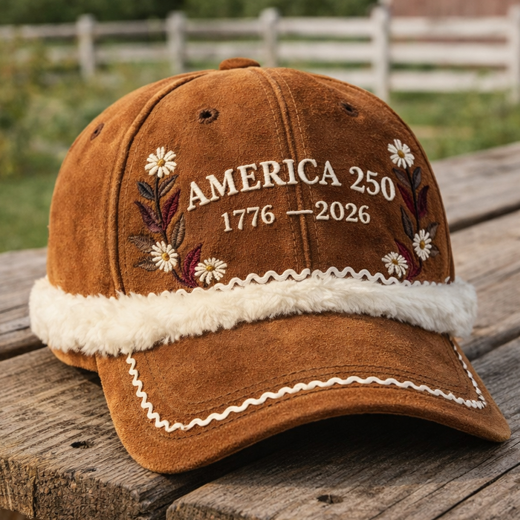 Vintage Suede Baseball Cap – America 250th Anniversary 1776–2026 Embroidered Floral Design Sherpa Trim Adjustable Dad Hat