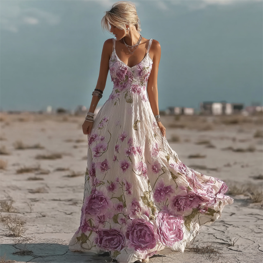 Boho Floral Embroidery Vintage Women's Linen Spaghetti Strap Maxi Dress