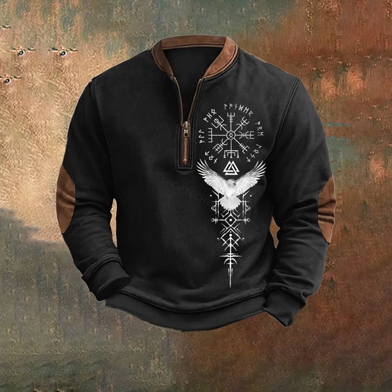 Men's Vintage Viking Print Zip-Up Collar Sweatshirt