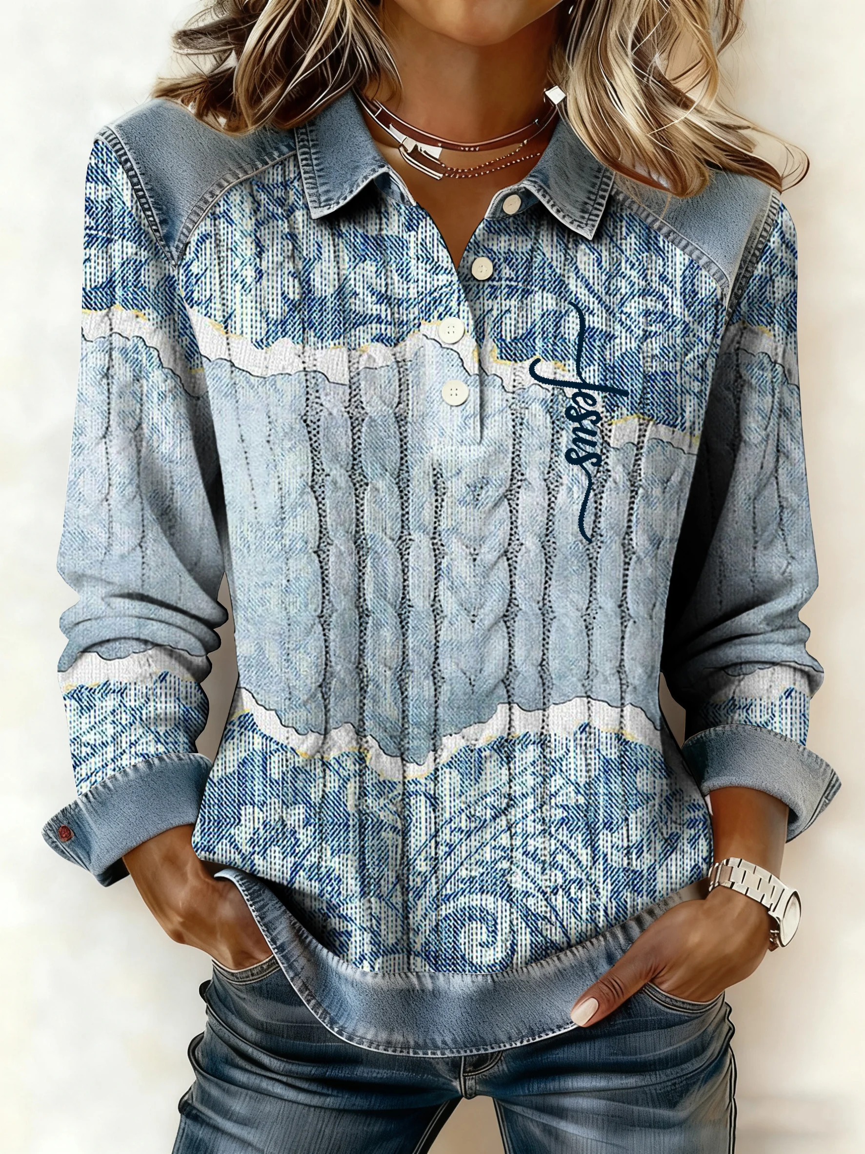 Women's Winter Retro Style Denim Print Top-Fast Shipping