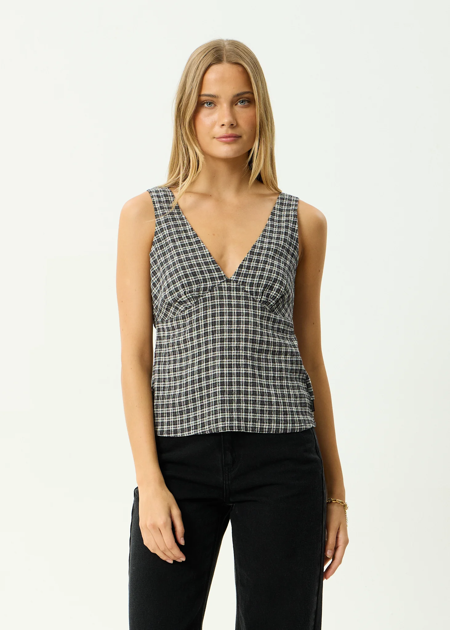 AFENDS Womens Giselle Asta - Seersucker Top - Steel Check