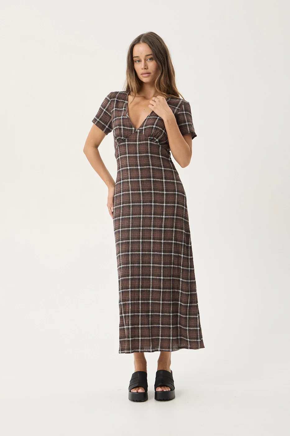 AFENDS Womens Reverie - Seersucker Maxi Dress - Coffee Check