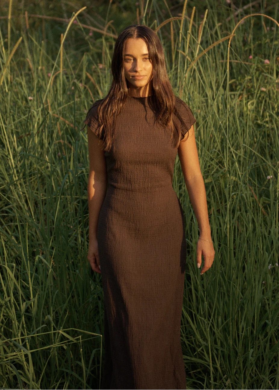 AFENDS Womens Elodie - Seersucker Midi Dress - Coffee