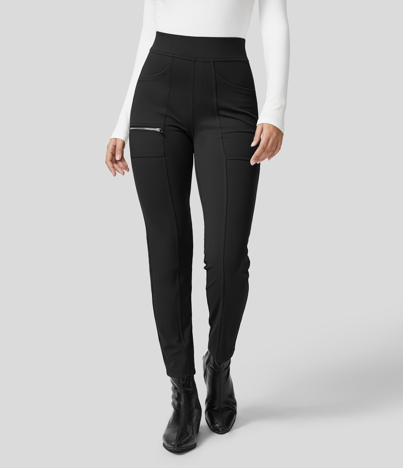 High Waisted Pockets Zipper Casual Slim Pants