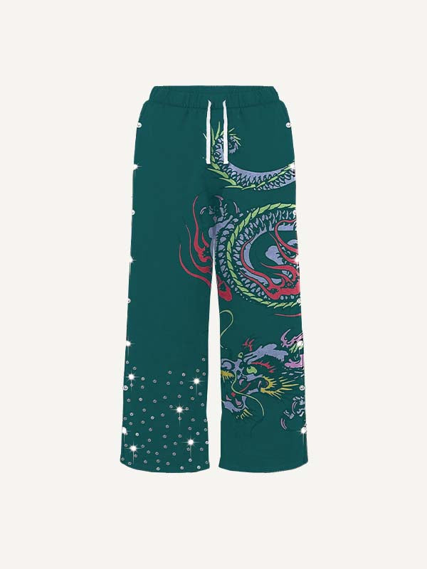 Dragon&Letter&Graphic Faux Decal Faux Rhinestones Print Elastic Waist Pants