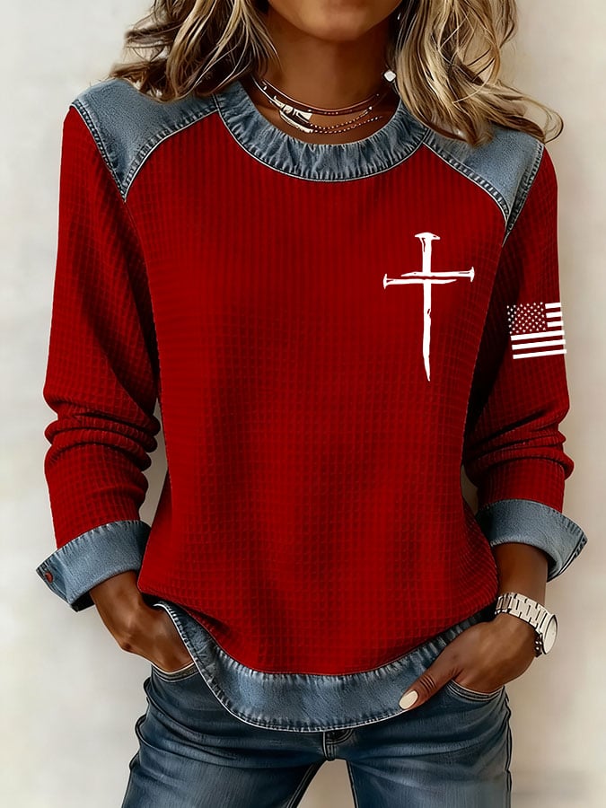 Women's Faith Cross Print Lapel Waffle Stitching Long Sleeve Top