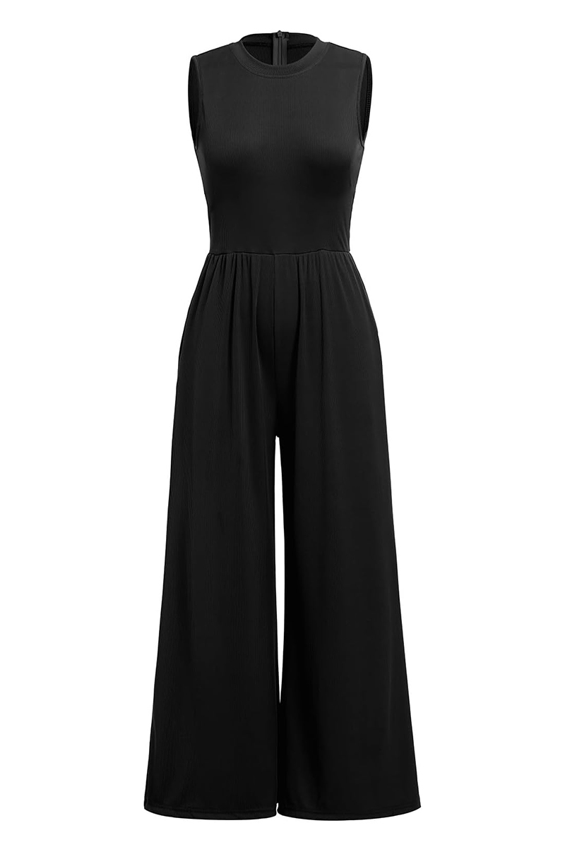 Versatile Plain Crew Neck Sleeveless Thin Waist Wide Leg Jumpsuit