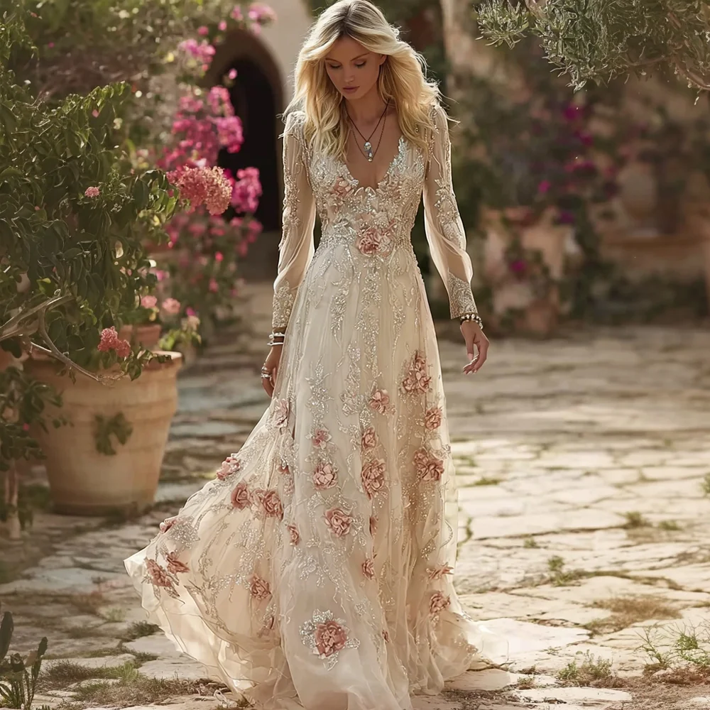 Vintage Boho Roses Embroidered Flowy Linen Maxi Dress