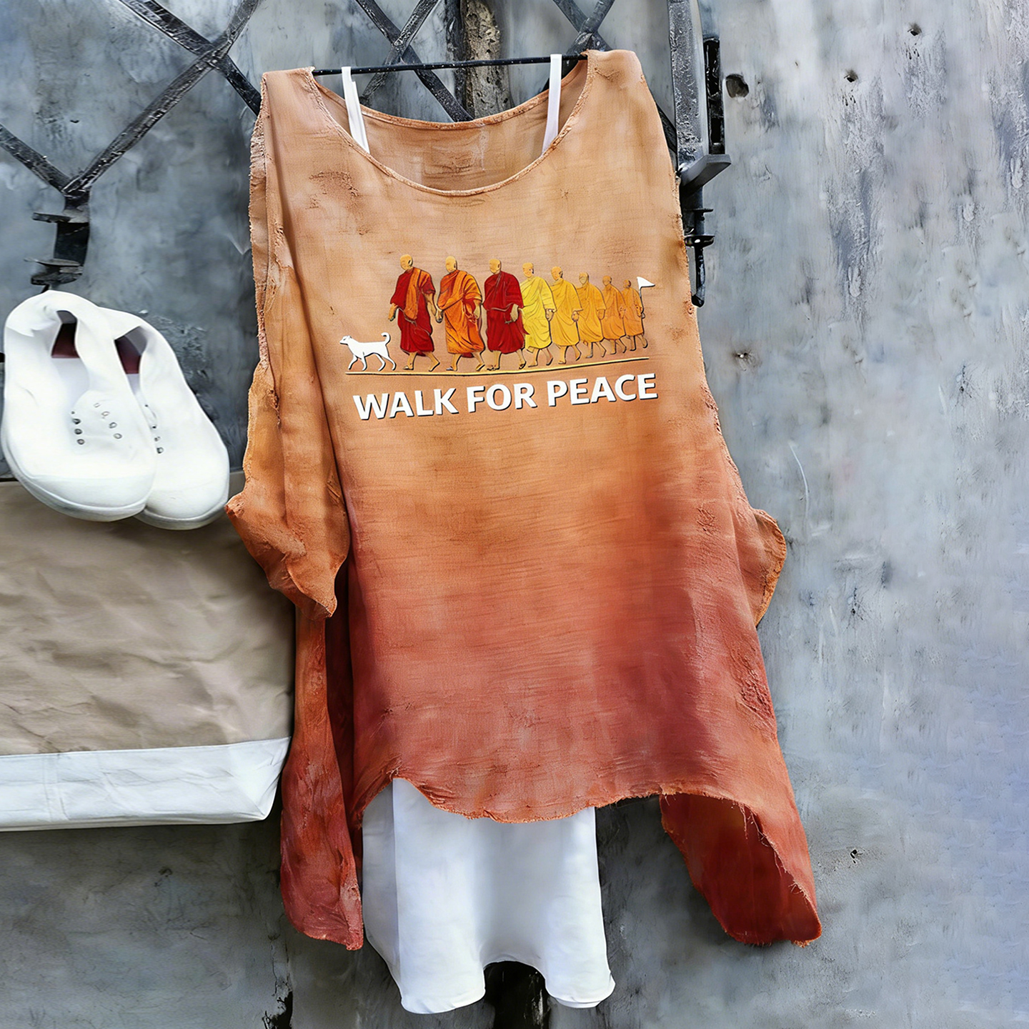 Vintage Walk For Peace Aloka Dog In Gradient Art Linen Tunic