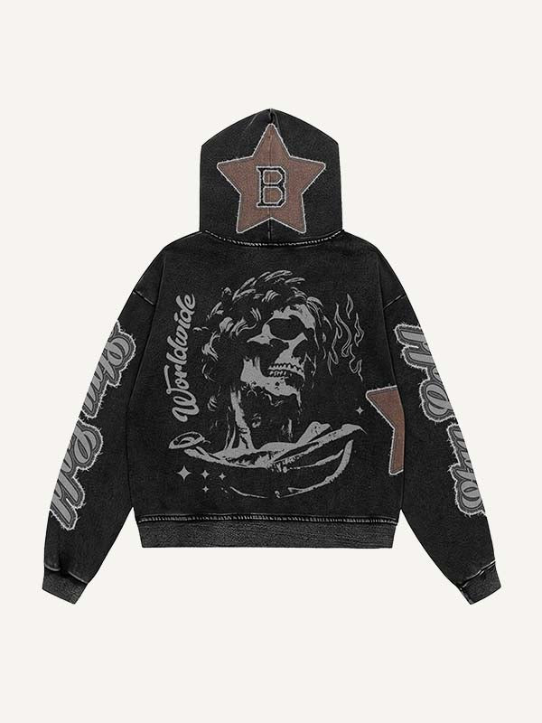 Skeleton&Star&Letter Faux Decal Print Zip Up Hooded Coat