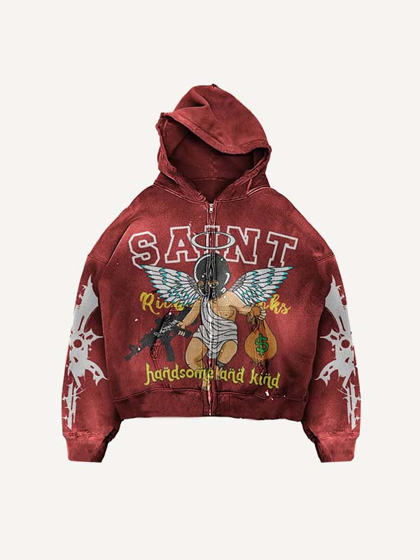 Angel&Gun&Graphic&Letter Print Zip Up Hooded Coat