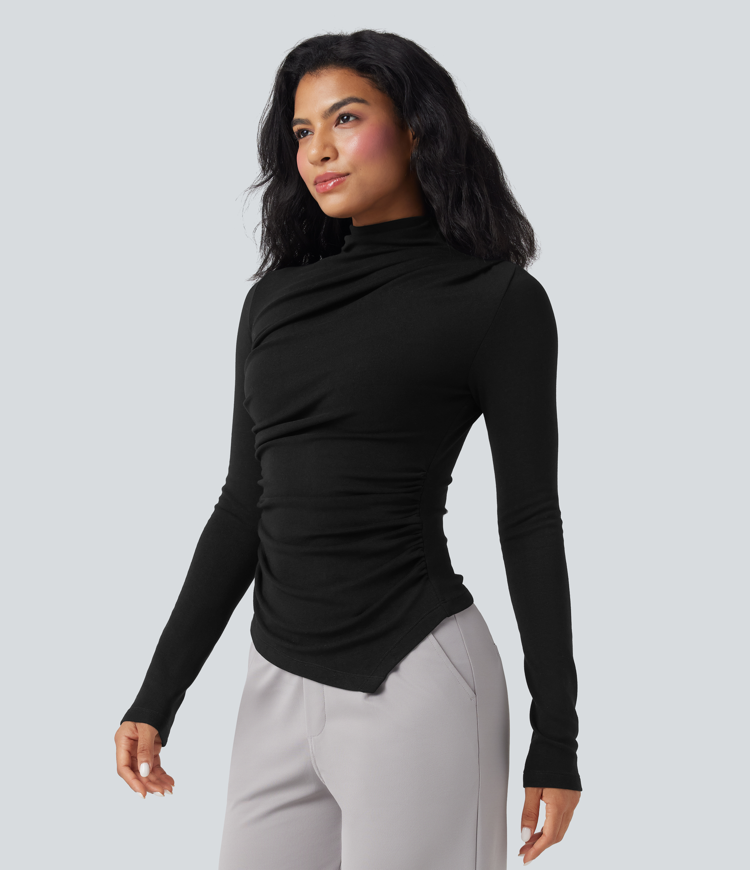 High Neck Long Sleeve Ruched Asymmetric Hem Thermal Casual Top