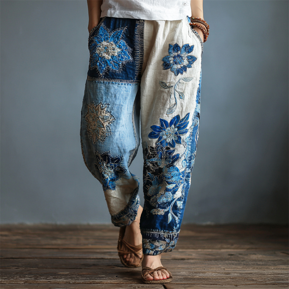 Boho Threaded Floral Geometric Patchwork Embroidered Women's Vintage Linen Trousers