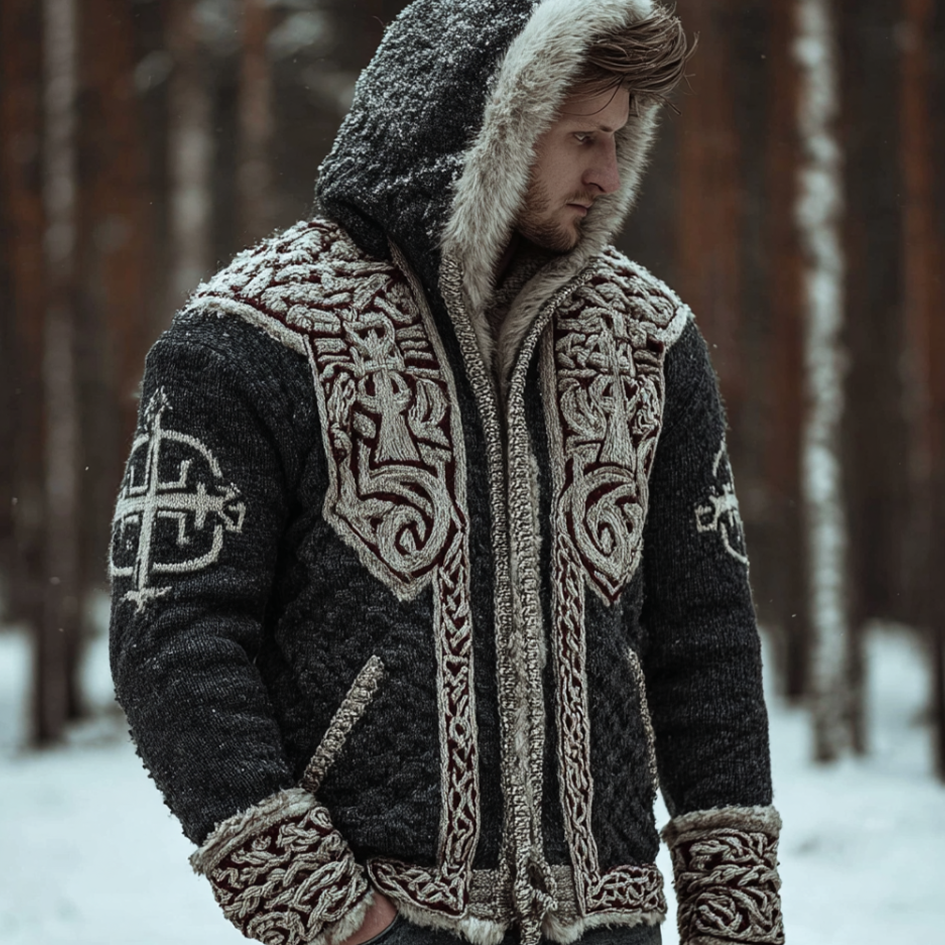 Viking Retro Men's Hooded Knit Sweater Jacket