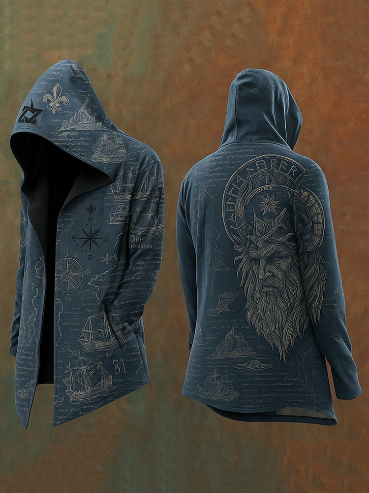 Men's Viking Tribal Runes Odin Vintage Totem Hooded Jacket