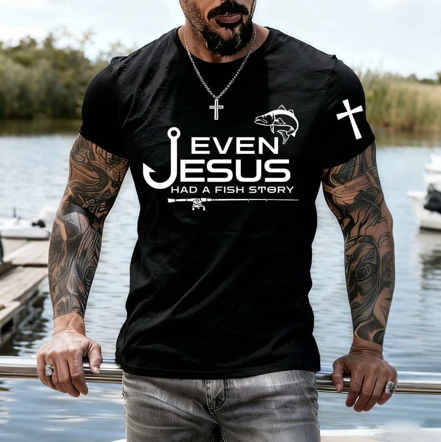 Men's Jesus Also Told The Story Of The Fish Printed T-Shirt