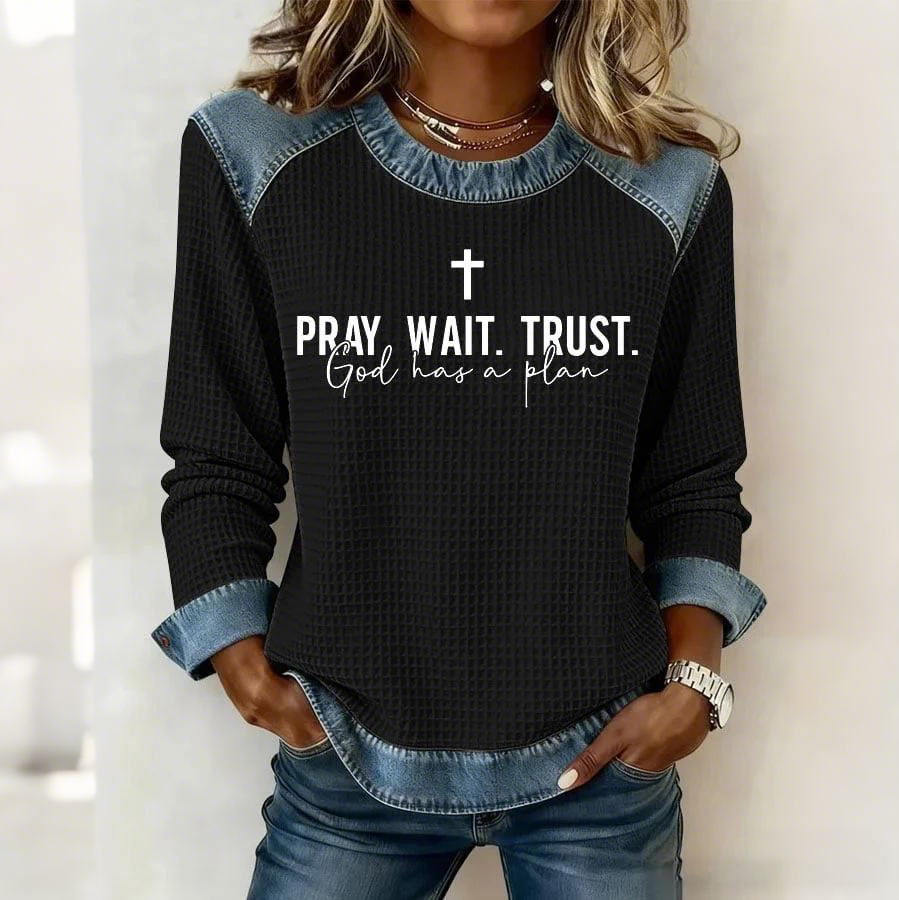 Women's Faith Print Patchwork Collar Sweatshirt