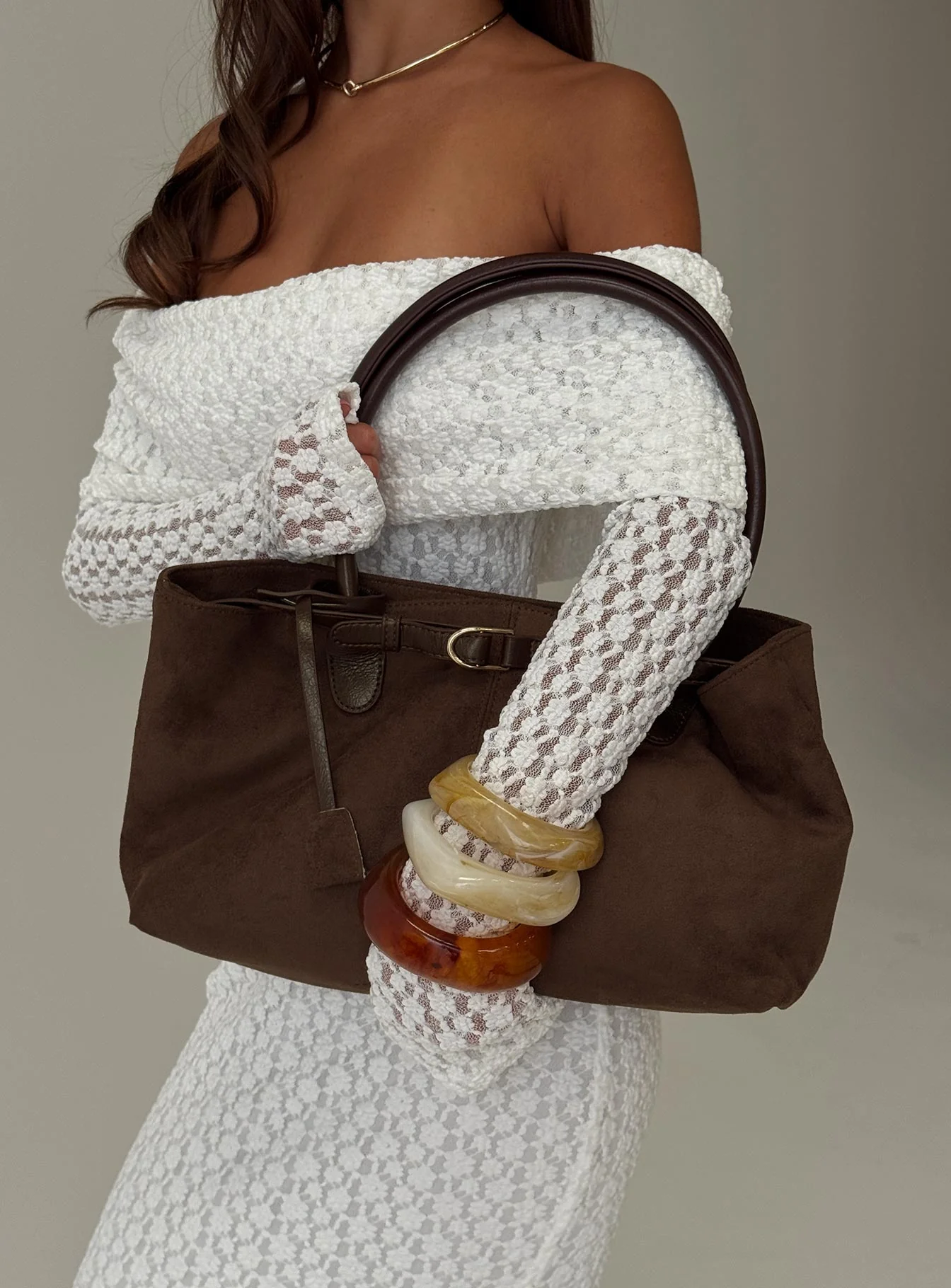 Yearning Faux Suede Buckle Detail Shoulder Bag Choc