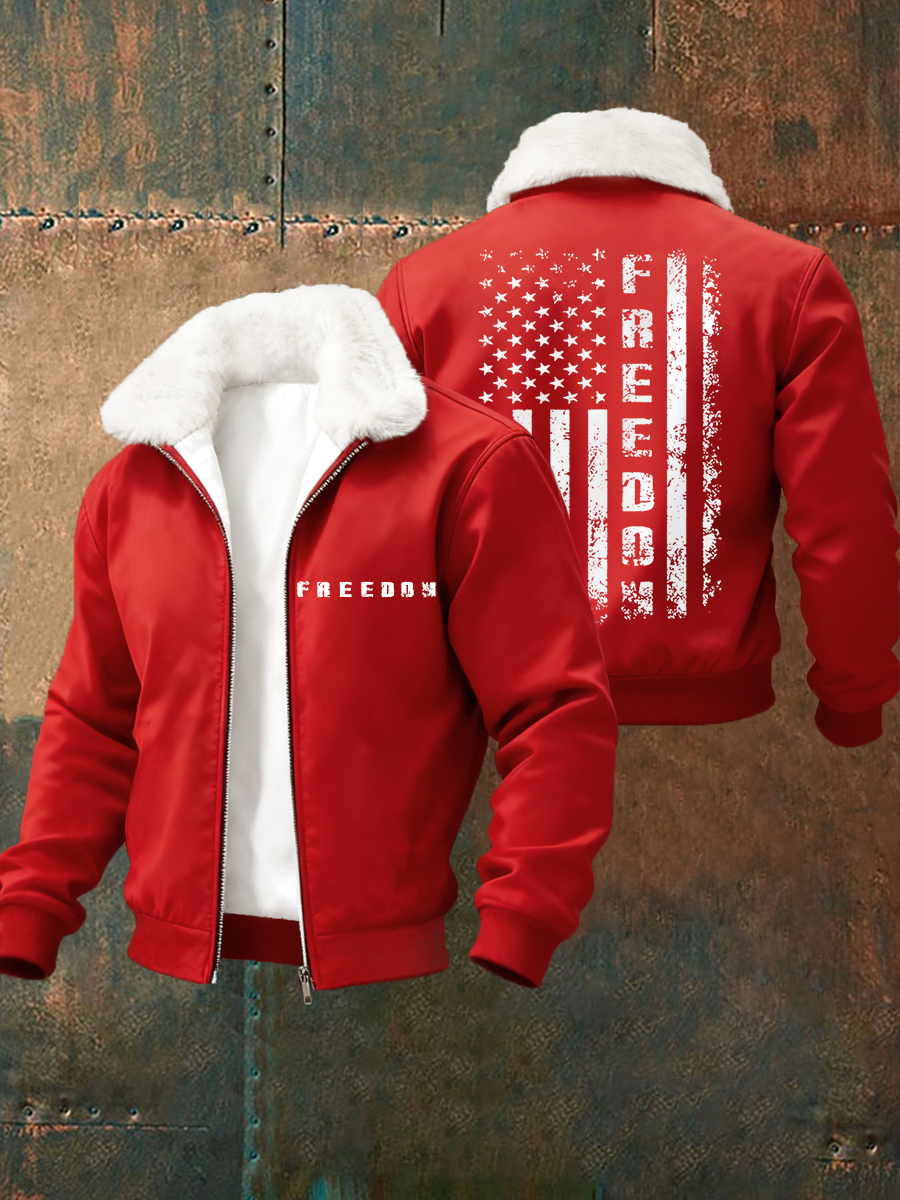 Men's Freedom  Flag Print Fur Collar Zip-Up Jacket