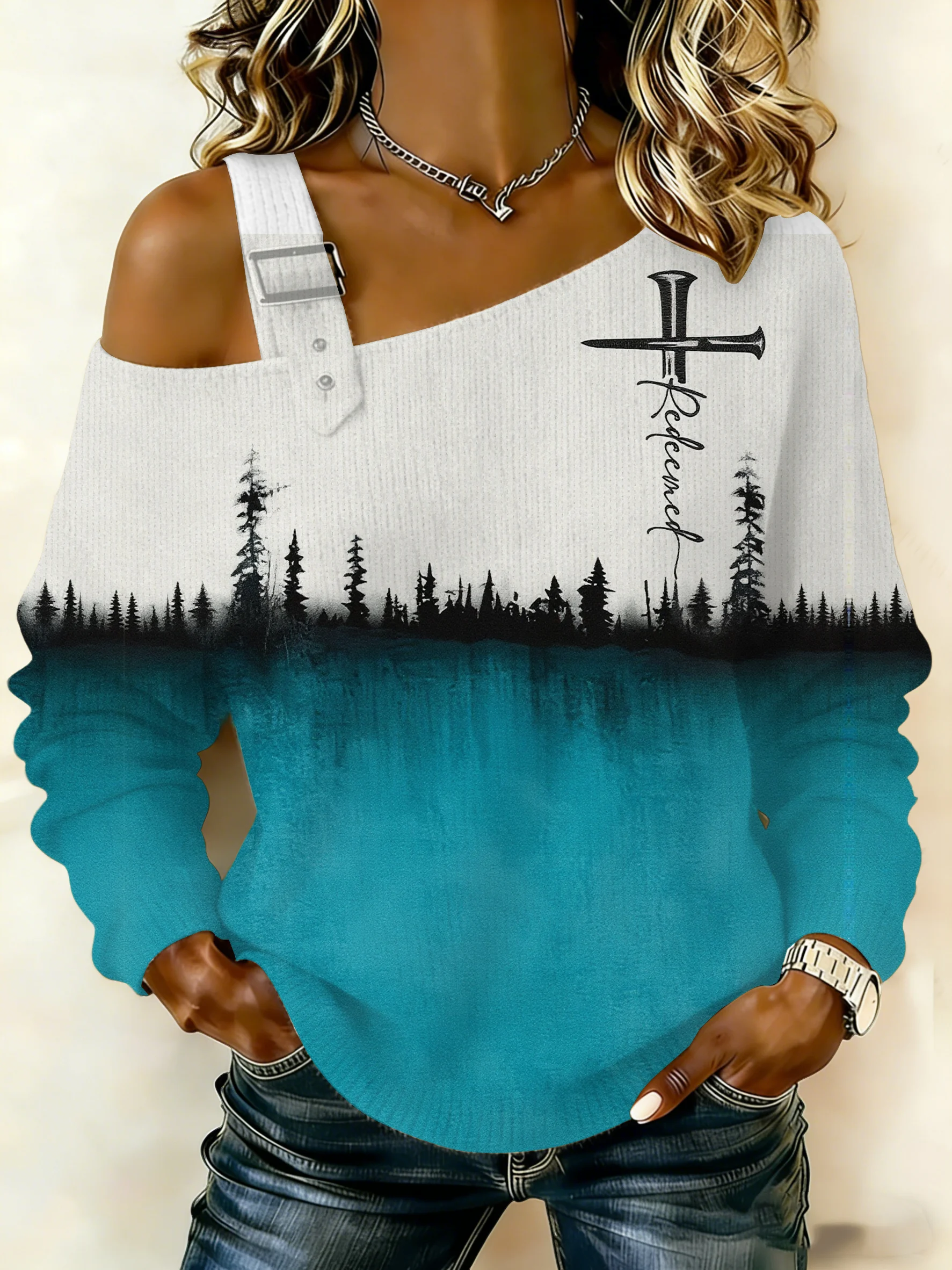 Women's Winter Faith Print Off-Shoulder Top-Fast Shipping