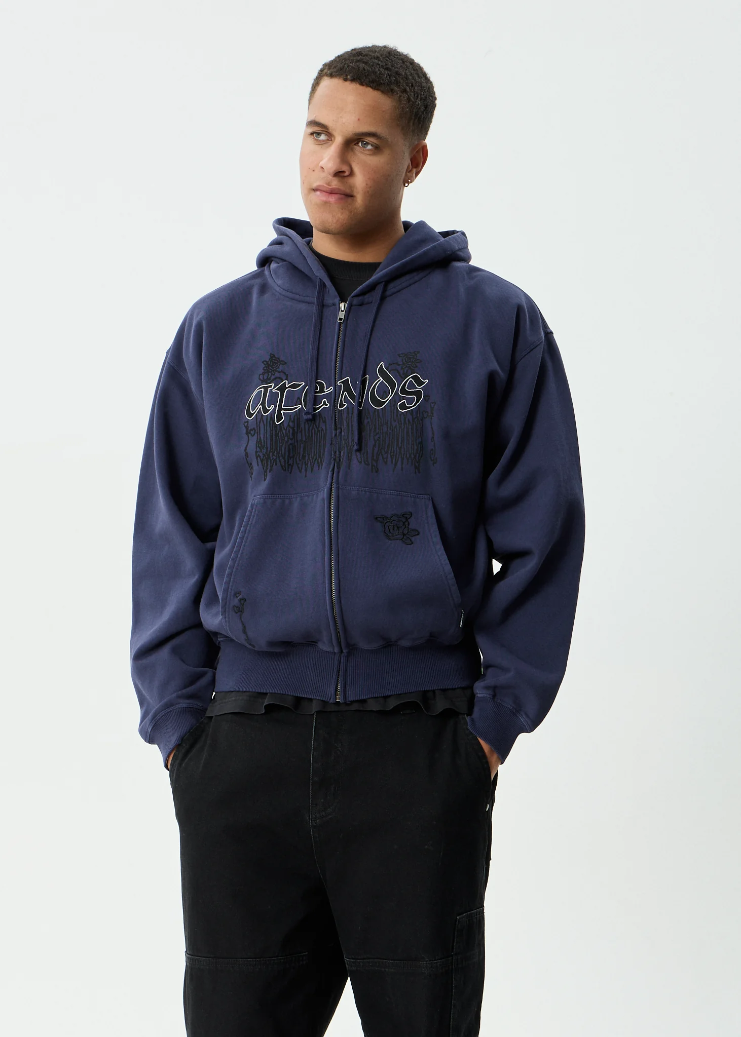 AFENDS Mens Pent-A-Gone - Boxy Zip Hood - Washed Deep Sea