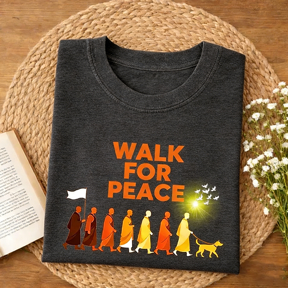 Retro Peace Monk And Alok Dog Print Short Sleeve T-shirt