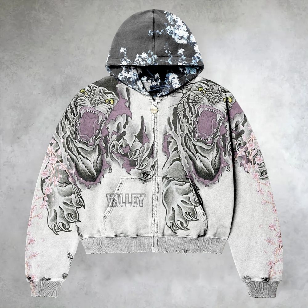 Tiger Cherry Blossom Zip Up Hoodie