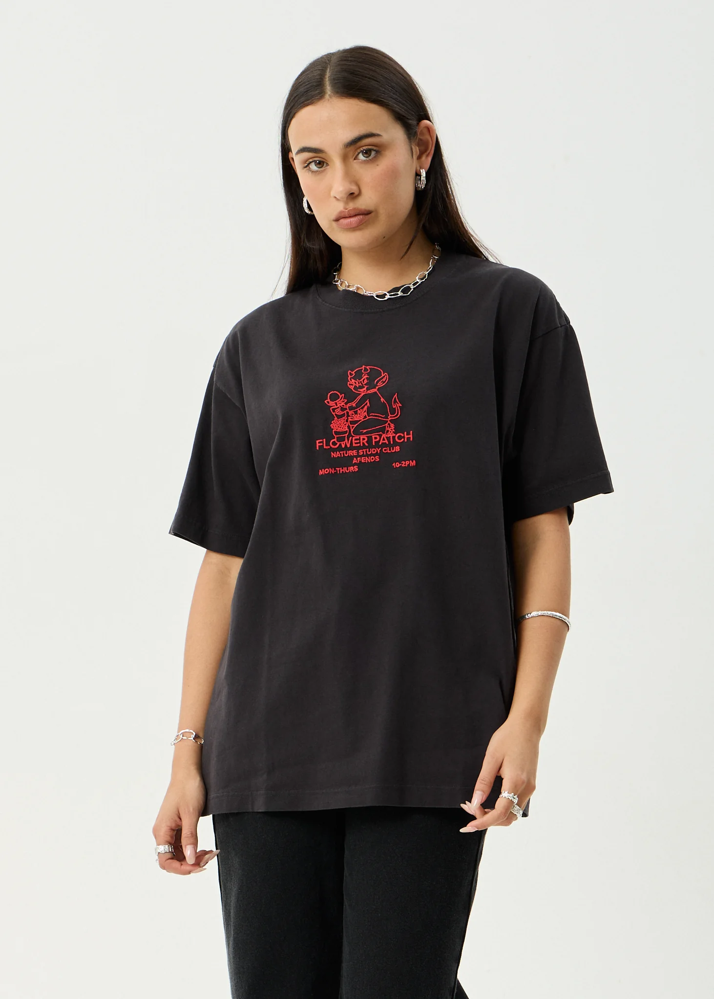 AFENDS Mens Flower Patch - Heavyweight Boxy Tee - Stone Black