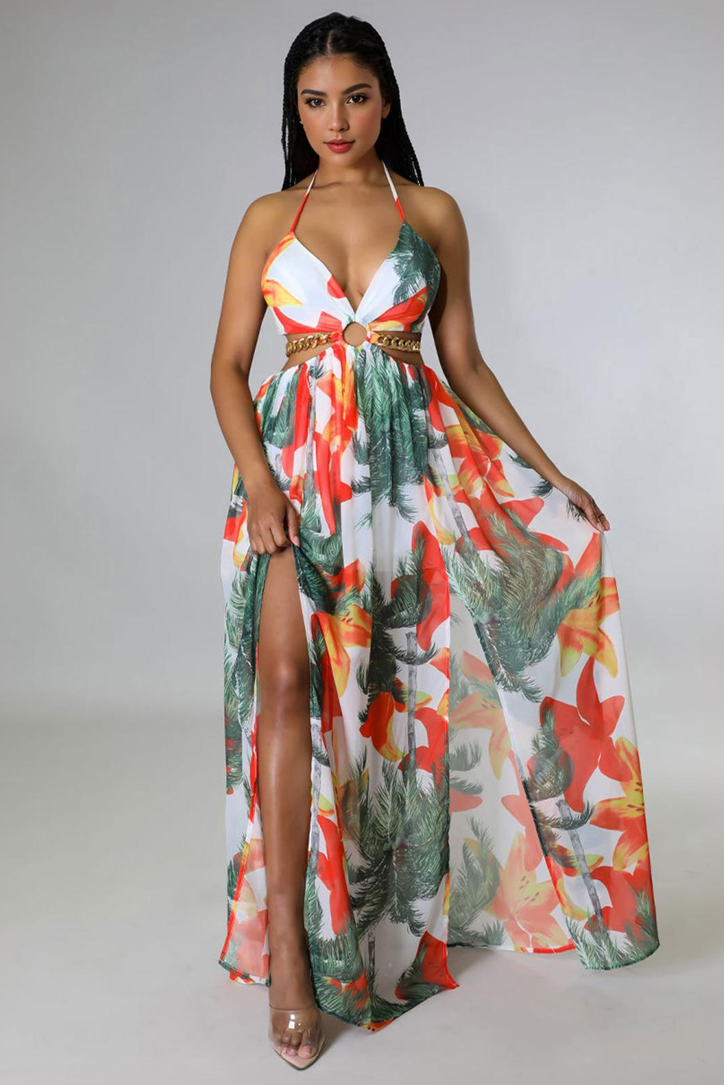 Vibrant Deep V Adjustable Halter Floral Print High Split Maxi Dress